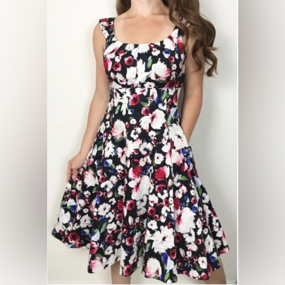 White House Black Market Cotton Floral Fit and Flare Dress with Pockets
